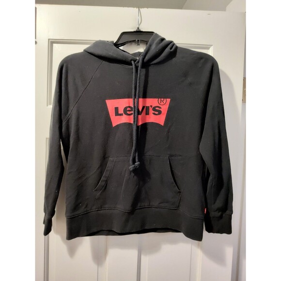 Levi’s Black Hoodie Sweatshirt Women's Medium Red Batwing Logo Graphic Printed - Picture 9 of 11